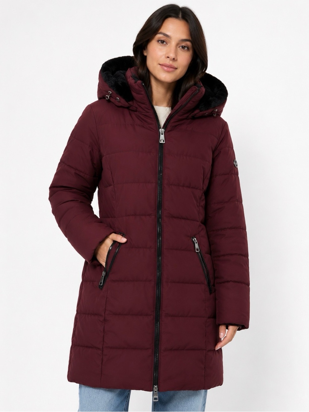 Andrew Marc Quilted Hooded Puffer Coat in Burgundy